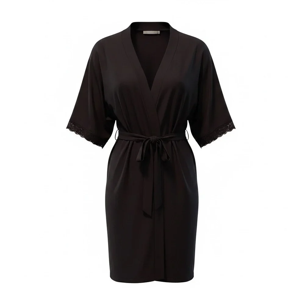 NWOT Secret Treasures Sleepwear Black Lounge Robe 2X Lace Trim Inside Tie & Belt